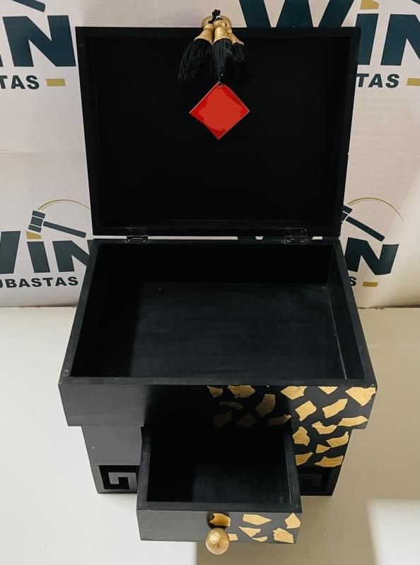 BLACK AND GOLD DECORATIVE WOODEN CHEST WITH DRAWER
