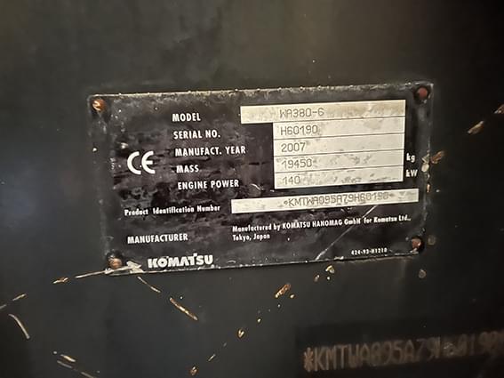 Subasta de Pala Cargadora Komatsu WA 380 6